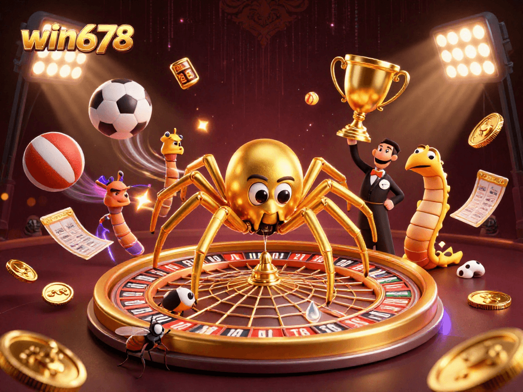 Experience the thrill of betting with win678 in this dynamic casino illustration of a spider and centipede croupier.