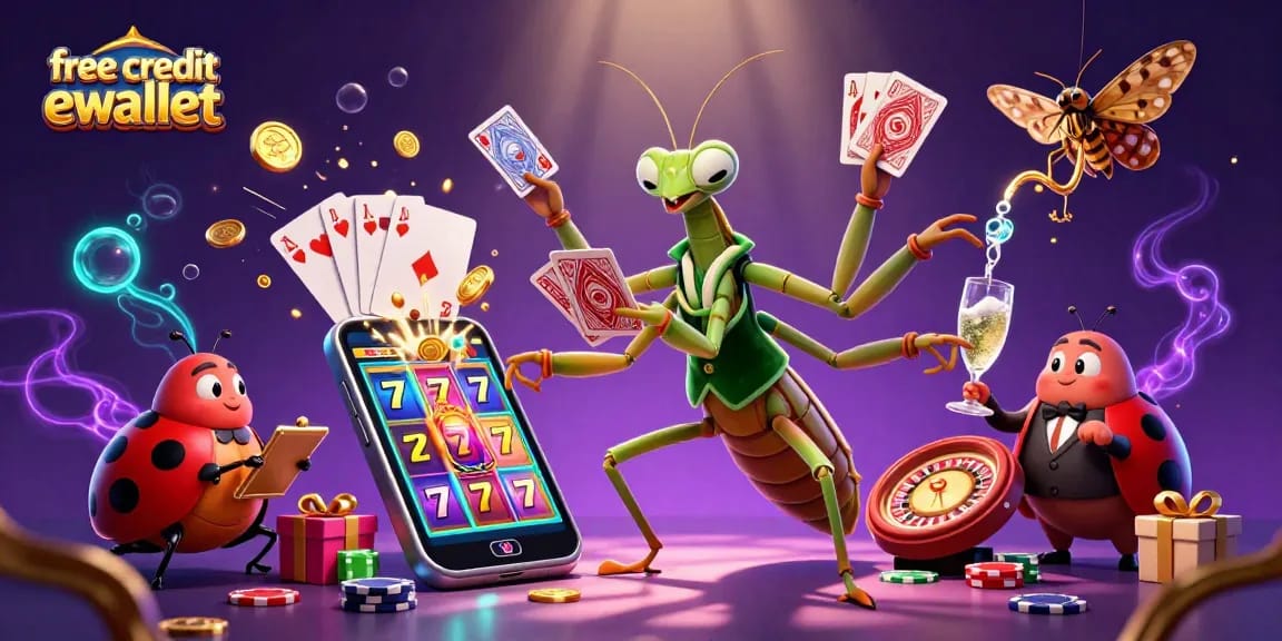Experience the excitement of free credit ewallet with vibrant 3D casino illustration featuring a unique praying mantis and ladybug.