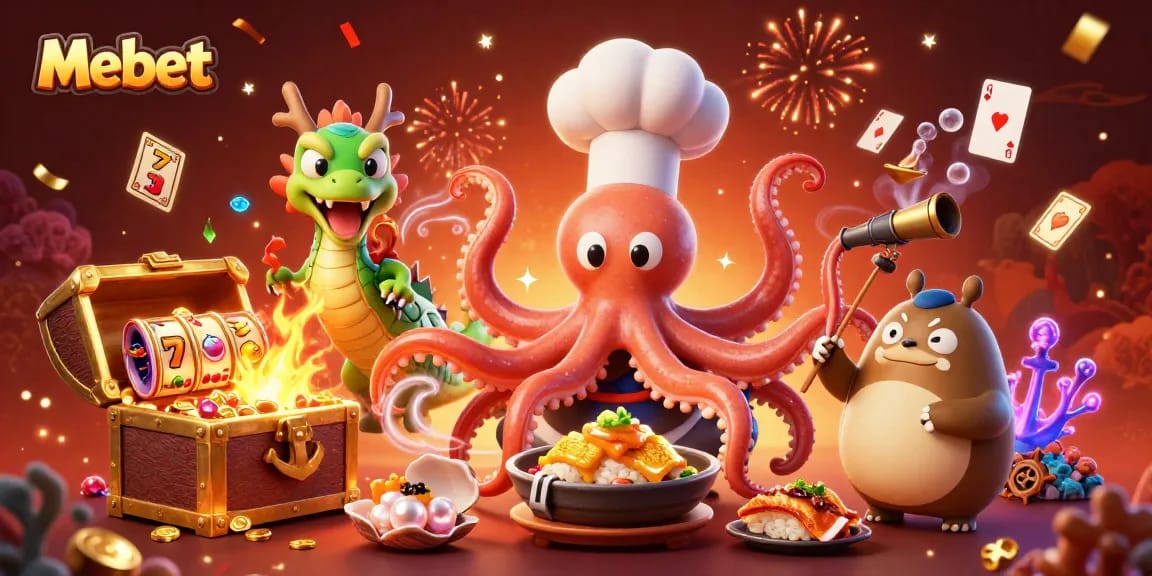 Mebet showcases an exciting casino scene with a sushi chef octopus and dragon amidst dynamic slot elements.