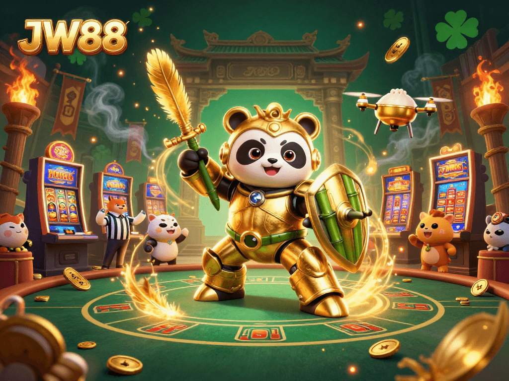 JW88 showcases an exciting casino scene with a golden panda in a mech-suit, surrounded by vibrant gaming elements.