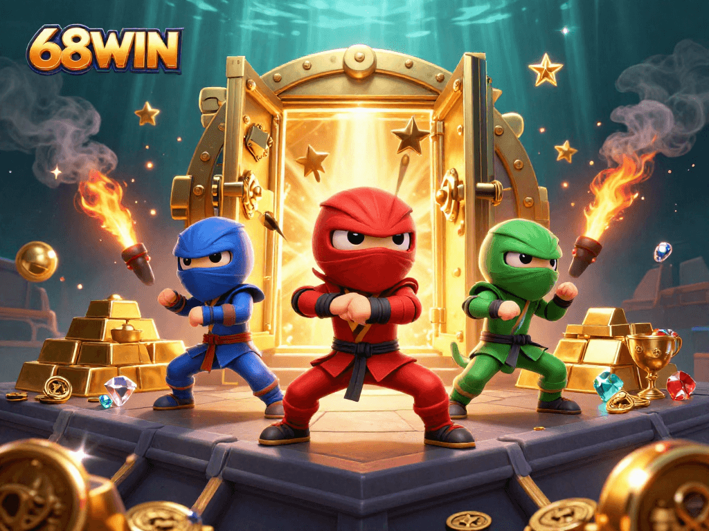 Experience a thrilling gaming adventure at 68WIN with ninja characters showcasing martial arts and treasure
