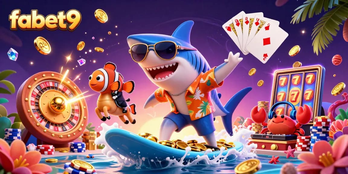 Experience fabet9's vibrant casino adventures with a playful hammer-head shark and gem-filled scenery.