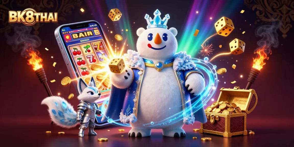 Experience thrilling wins with BK8THAI at the animated casino scene featuring vibrant slot machines and golden treasures.
