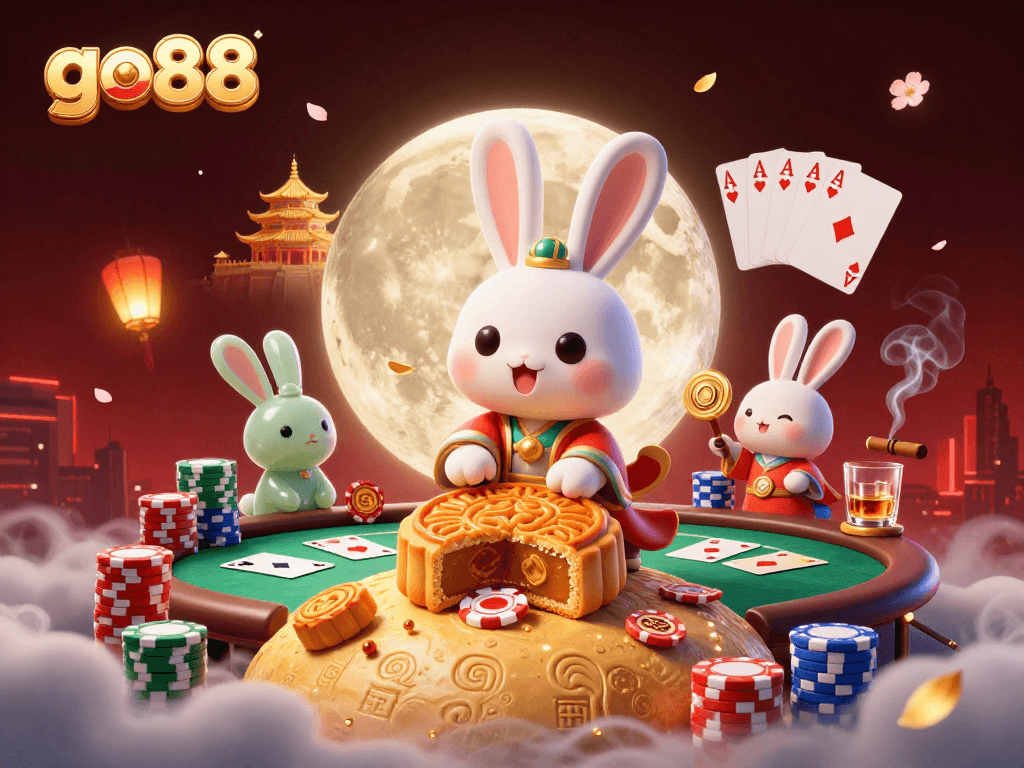 Experience go88's thrilling lunar casino adventure with cartoon rabbits and poker elements!