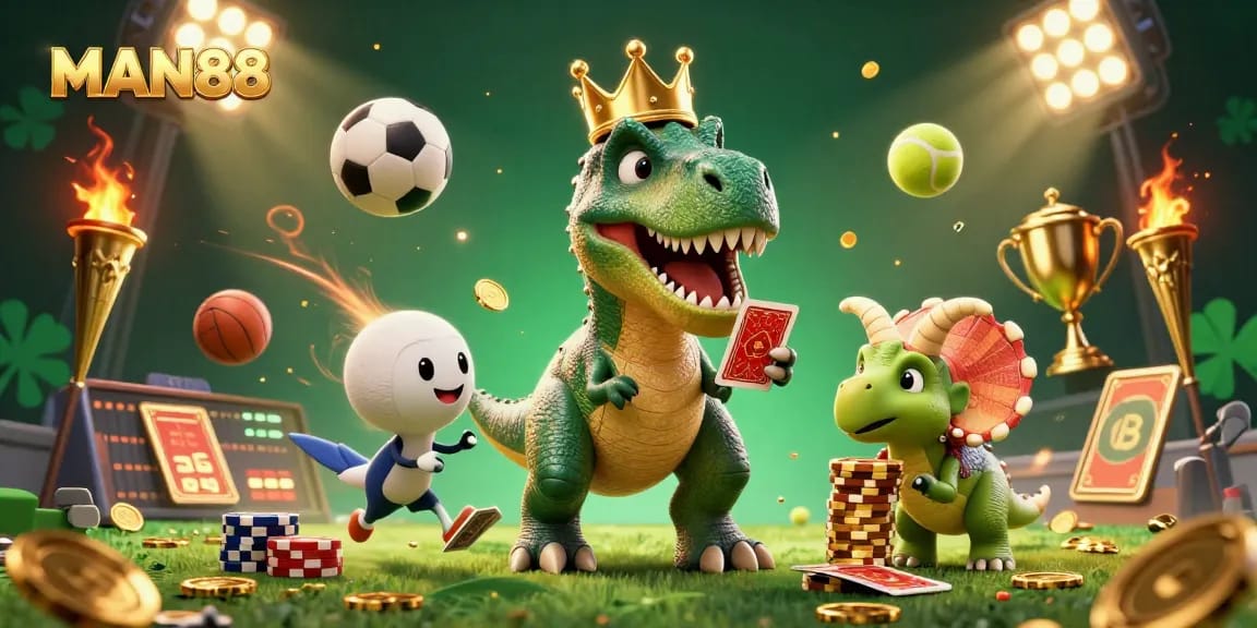 Engage in sports betting action with MAN88, featuring a lively scene of a T-Rex shuffling cards.