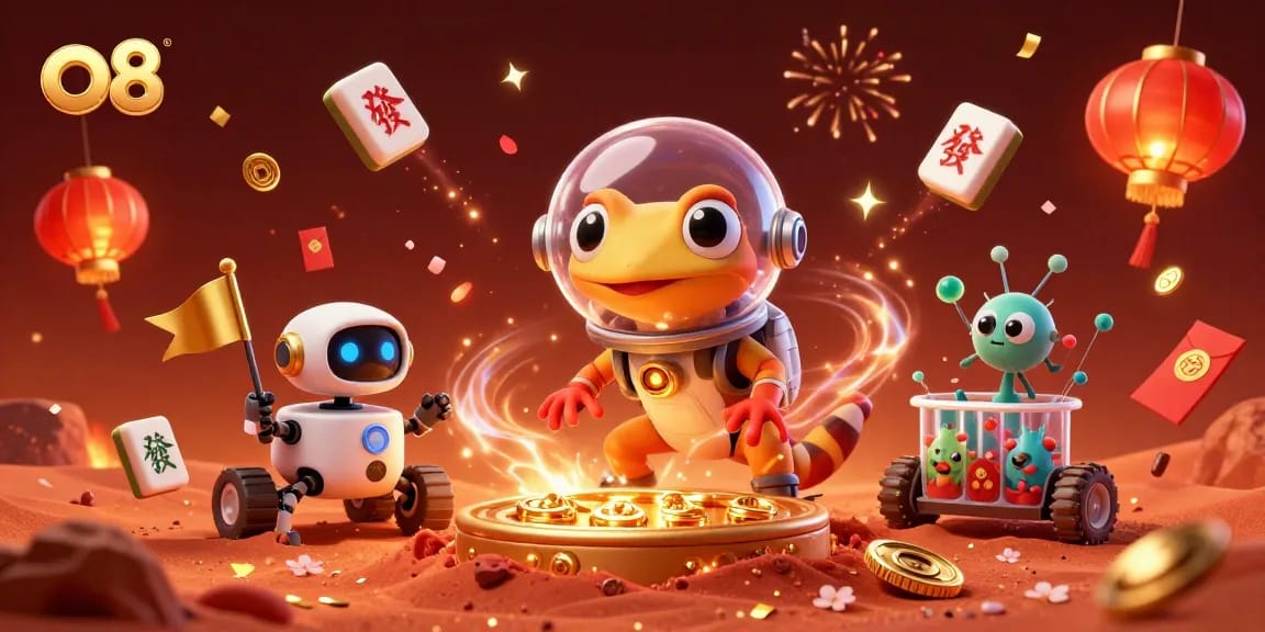 Engage with o8's vibrant online casino experience featuring a Martian gecko in a golden casino.