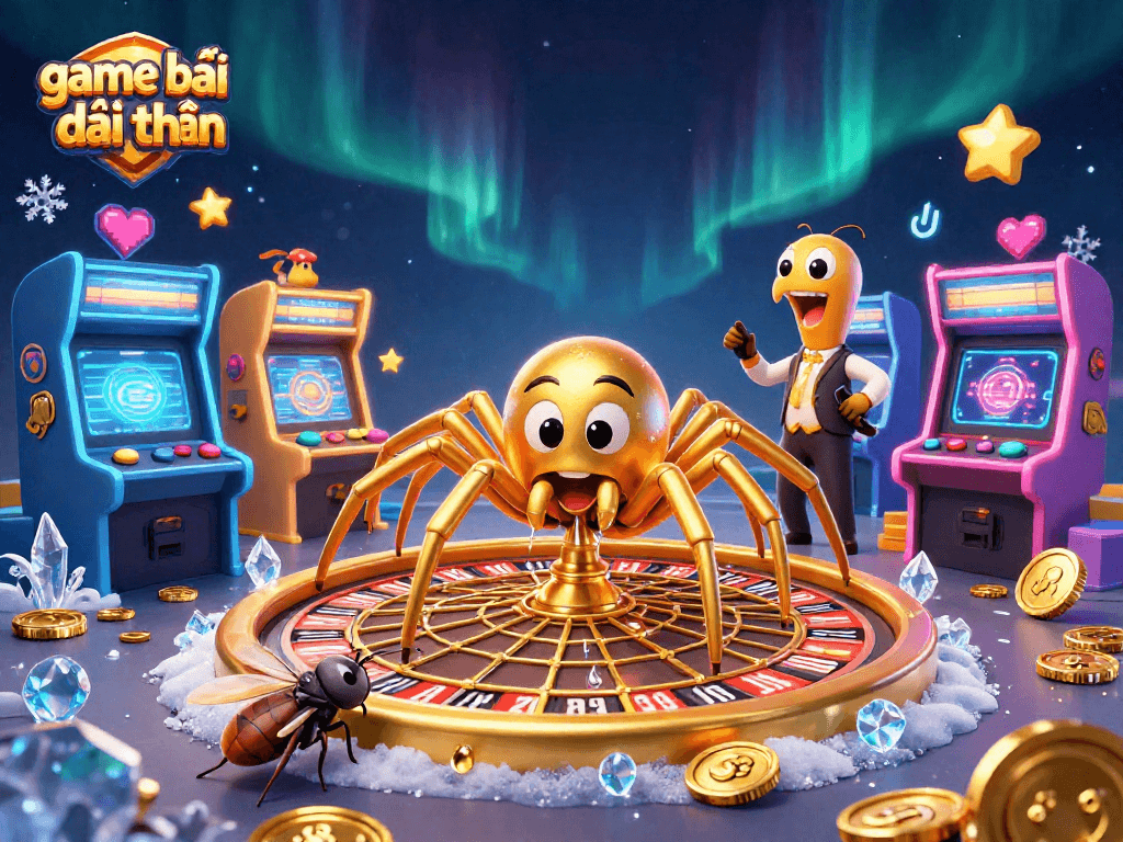Engage in game bài đổi thưởng with a 3D cartoon spider and centipede in a vibrant casino scene.