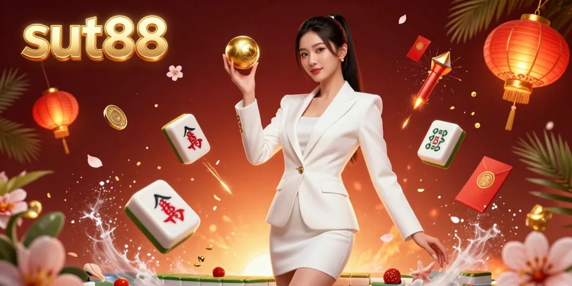 Sut88 engages gamblers with an elegant Asian woman showcasing luxury casino elements, emphasizing vibrant casino excitement.