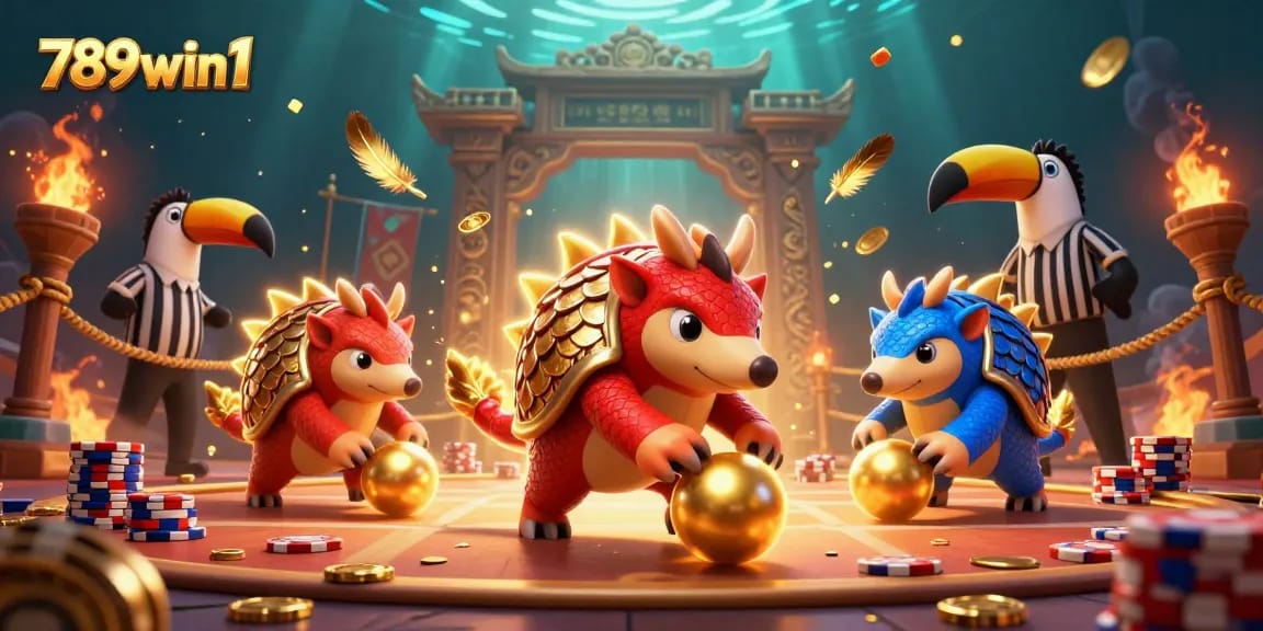 Engage in thrilling gameplay with 789win1's cartoon pangolins amidst poker chips and golden scales.