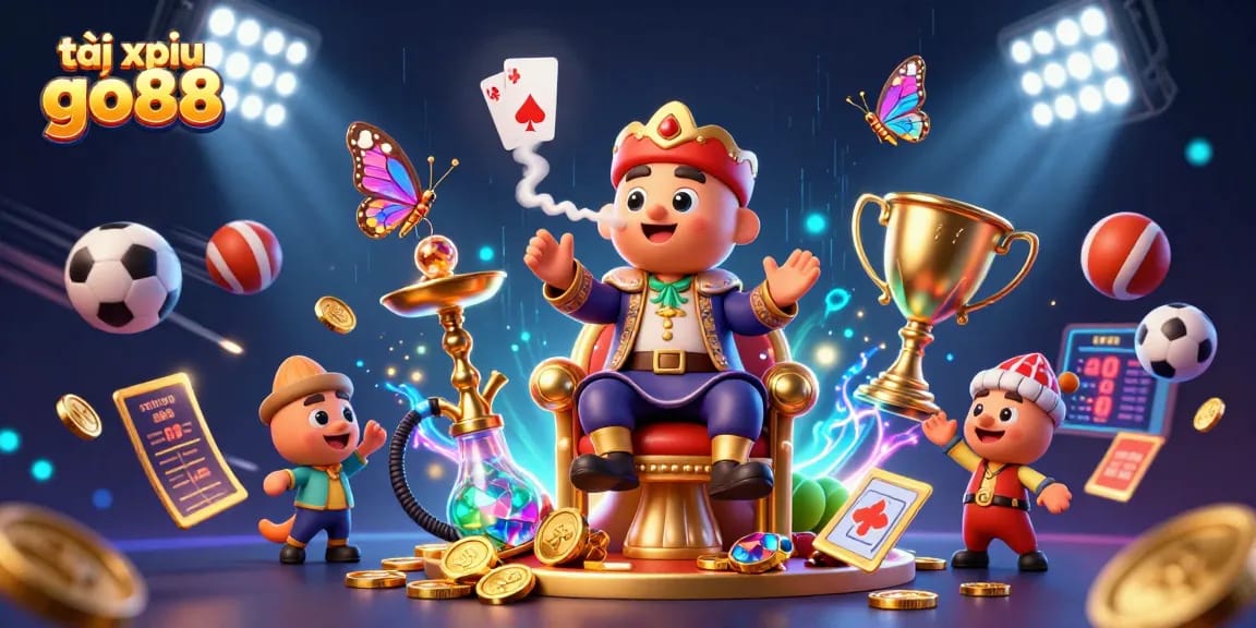 Experience tài xỉu go88 thrills with a vibrant 3D illustration featuring dynamic sports and casino elements.