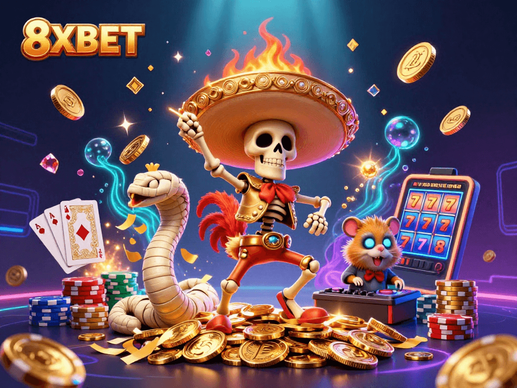 8XBET features a lively trio celebrating amidst vibrant gambling elements and golden treasures.
