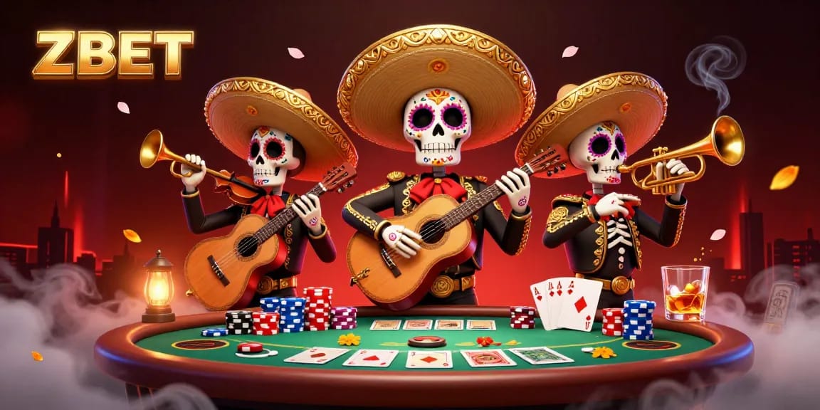 Experience ZBET's vibrant poker scene with lively mariachi skeletons and colorful casino elements.