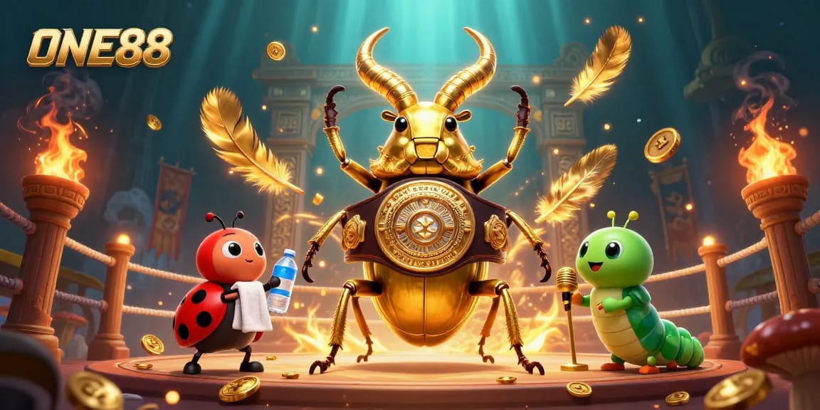 Engage with ONE88's excitement featuring a golden stag beetle boxing champion amidst vibrant gambling elements.