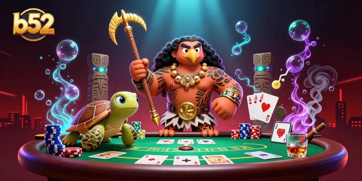 B52 gaming scene with poker excitement, showcasing vibrant chips and colorful cards.