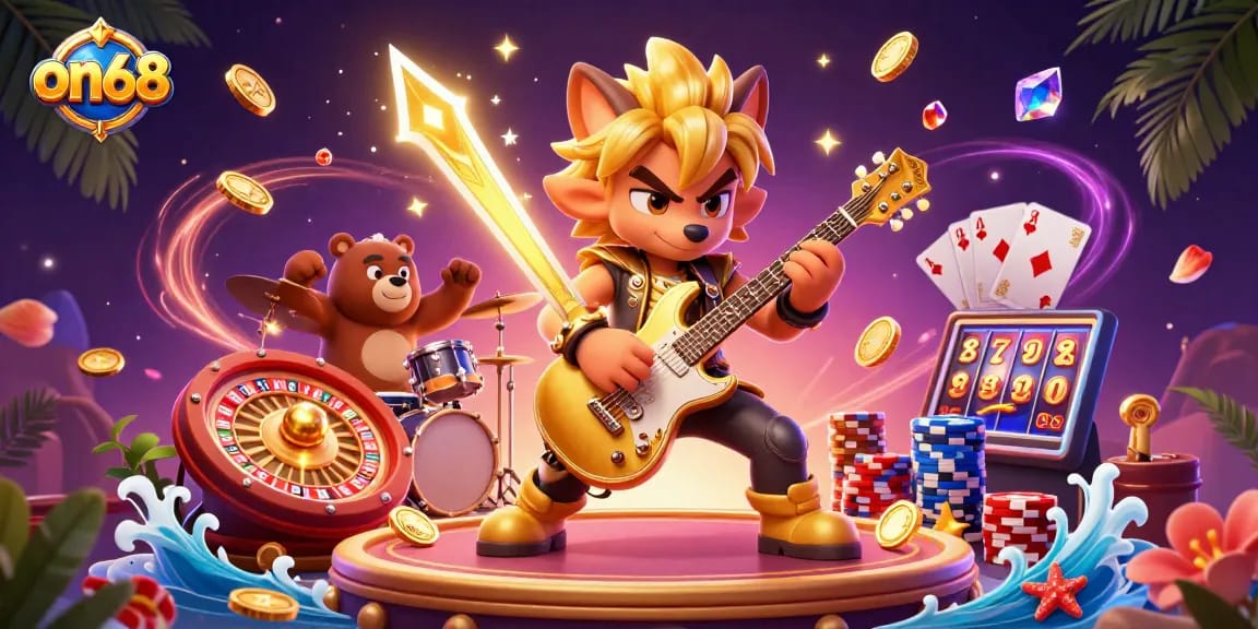 on68 provides thrilling casino excitement with a wolf guitarist and bear drummer amid casino visuals.