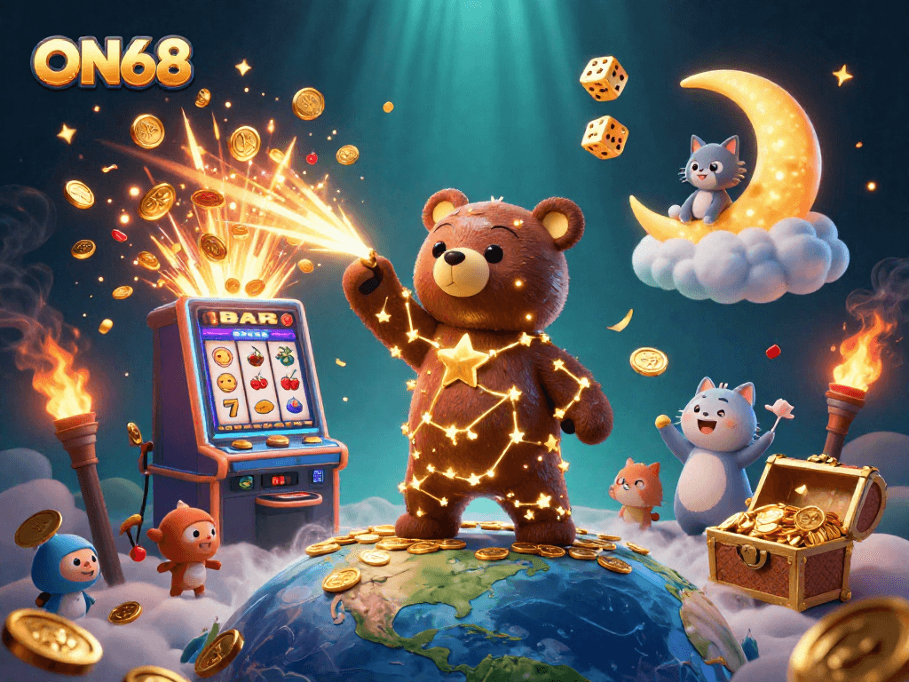 Experience thrilling gameplay with ON68's rich casino elements in a vibrant, detailed scene.