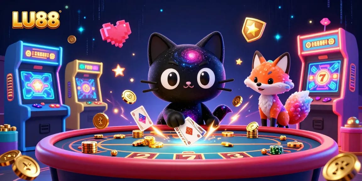 Engage in thrilling gaming action with LU88 at a dynamic cosmic casino illustrated scene.