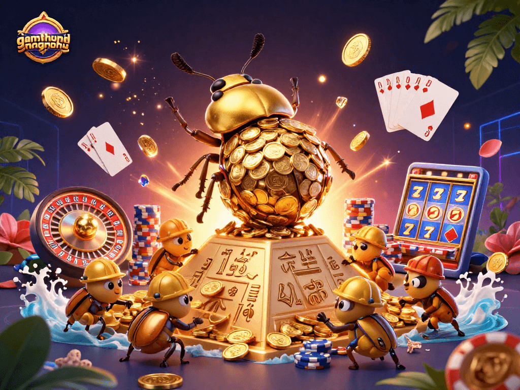 gamethuongnohu engages players with dynamic golden symbols and lively casino elements in this vibrant scene.