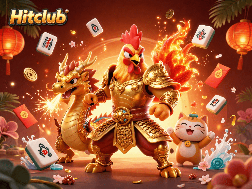 Hitclub illustration showcasing a cartoon rooster warrior, dragon, and festive gaming elements in a vibrant scene