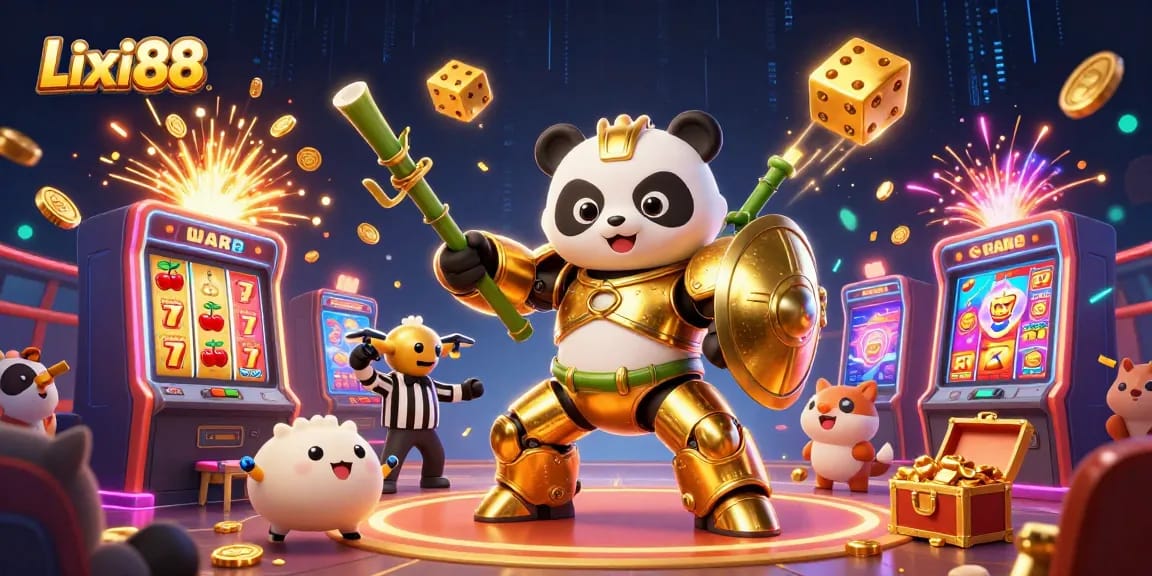 Lixi88 showcases an exhilarating casino experience with a golden panda in a mech suit and animated gaming elements.