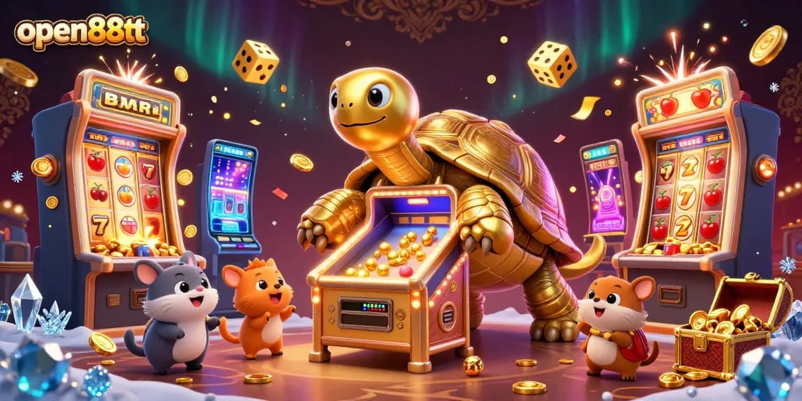 Experience thrilling gaming action at open88tt with a colossal golden tortoise pinball machine amid a dazzling casino scene.