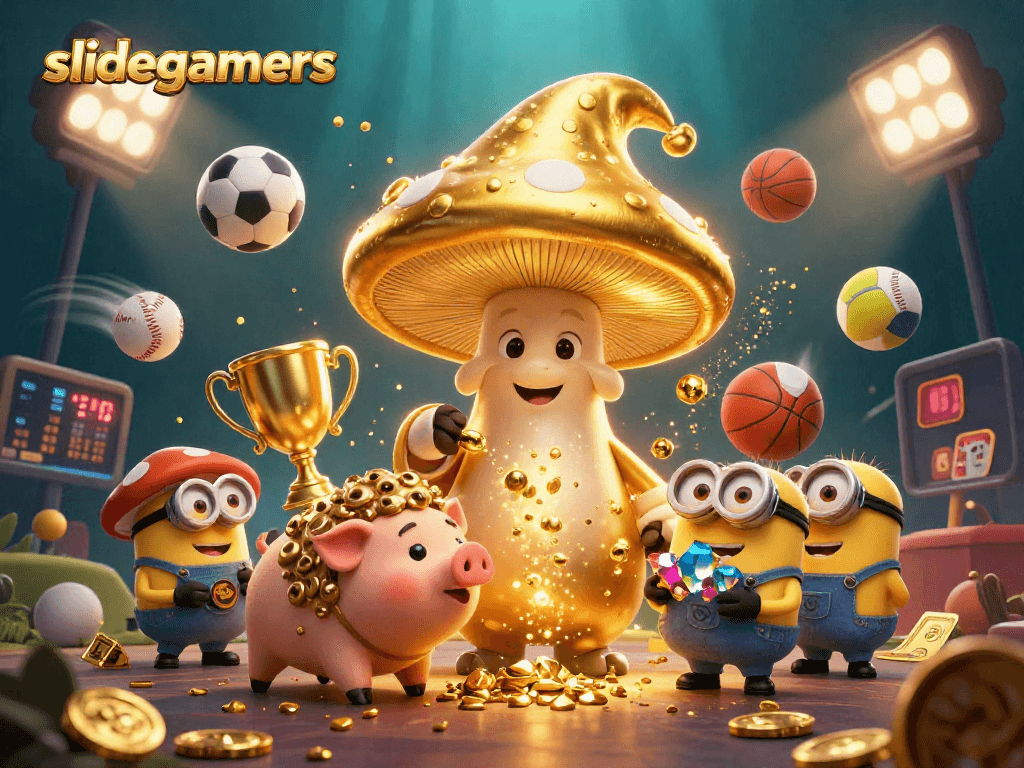 Engage with slidegamers in a magical casino scene filled with gold treasures and dynamic sports elements.