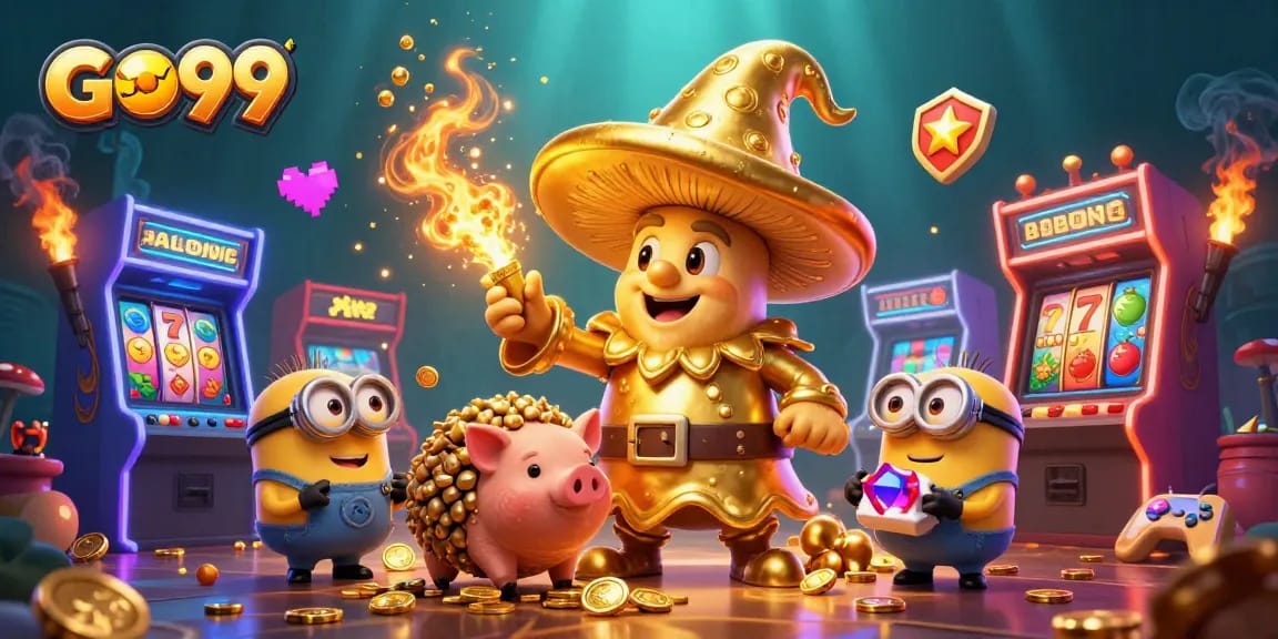 Engage players with GO99 in a vibrant, animated casino scene filled with gold and treasure.