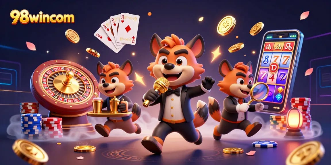 Experience excitement with 98wincom in a vibrant 3D casino scene featuring laughing hyenas.