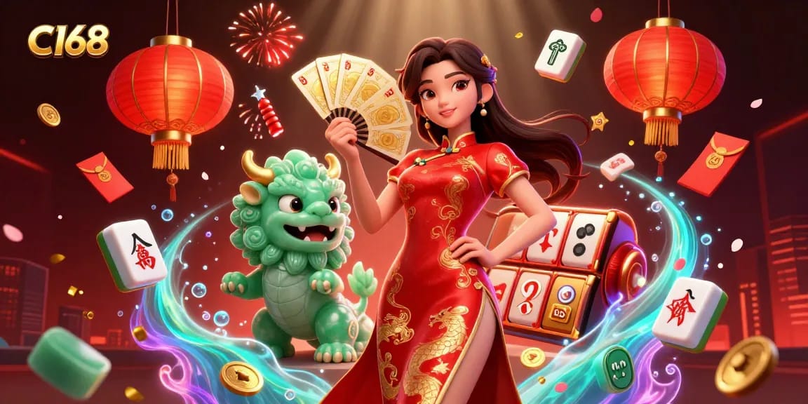 C168 casino scene showcasing a woman in a qipao holding golden playing cards amid vibrant slot machine elements.