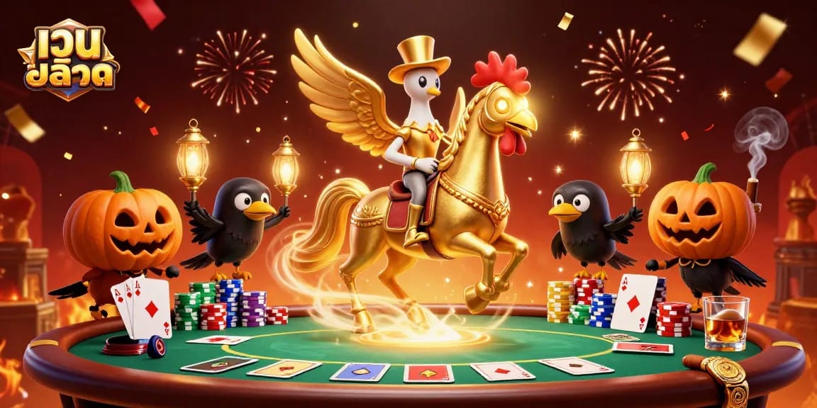 Experience the excitement of เว็บสล็อต with a golden rooster navigating a vibrant casino scene filled with poker elements.