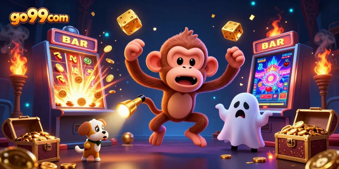 Experience thrills with go99com as a poltergeist monkey juggles jackpot treasures in a haunted casino.