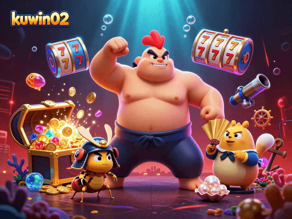 Experience thrilling gameplay with kuwin02 in a vibrant 3D casino scene featuring a sumo wrestler, samurai cricket, and a tanuki announcer.