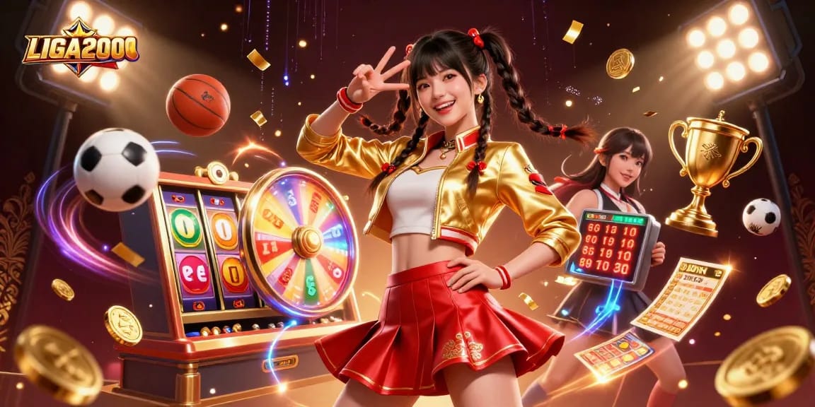 Slot LIGA2000 memperlihatkan seorang wanita Asia yang menikmati sensasi dengan roda hadiah berwarna-warni dan energi yang vibrant.