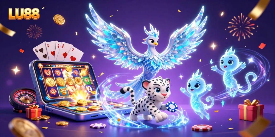 Experience LU88's vibrant casino world with a magical ice phoenix and playful snow leopard.