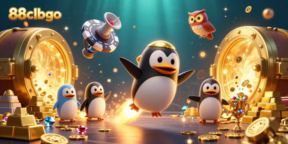 Experience the thrill of winning at 88clbgo with a vibrant 3D casino scene featuring a golden penguin and treasure elements.