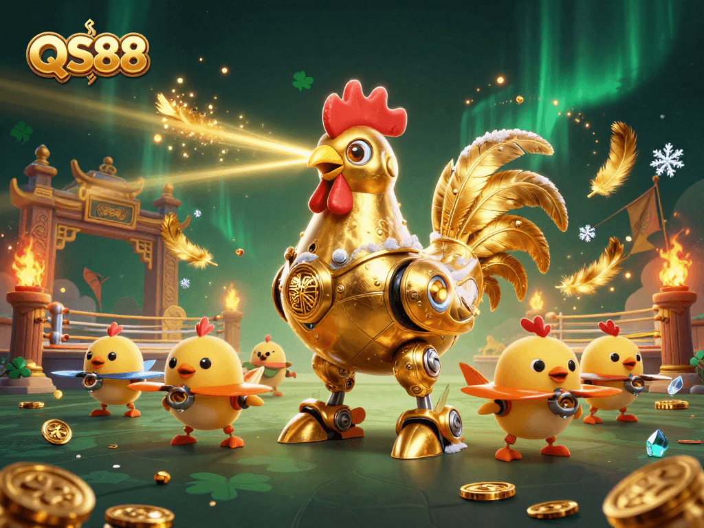 Experience thrilling gameplay with QS88's golden rooster robot and baby chick drones in a vibrant casino arena.