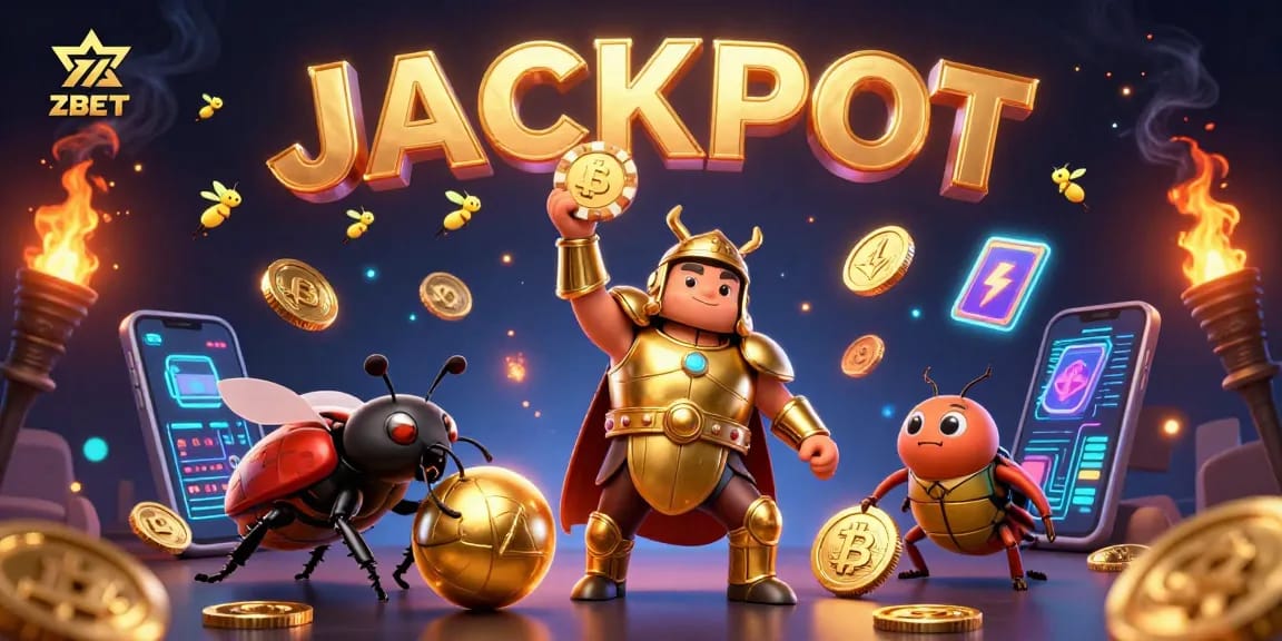 ZBET players celebrating with a hercules beetle lifting a poker chip, embodying excitement and jackpot energy.