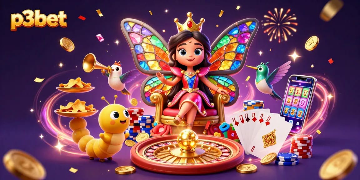 Experience the exciting world of p3bet with a vibrant 3D illustration showcasing a butterfly queen, casino elements, and festive effects.