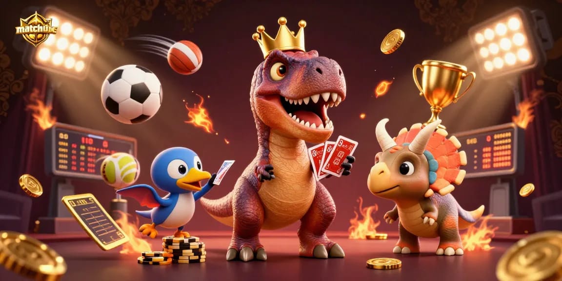Matchuoc's lively casino scene features a friendly T-Rex, pterodactyl, and triceratops in action.