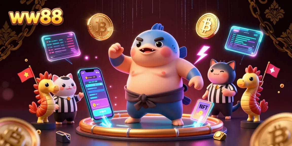 Engage with WW88's vibrant underwater casino setting showcasing colorful characters and lively crypto elements.