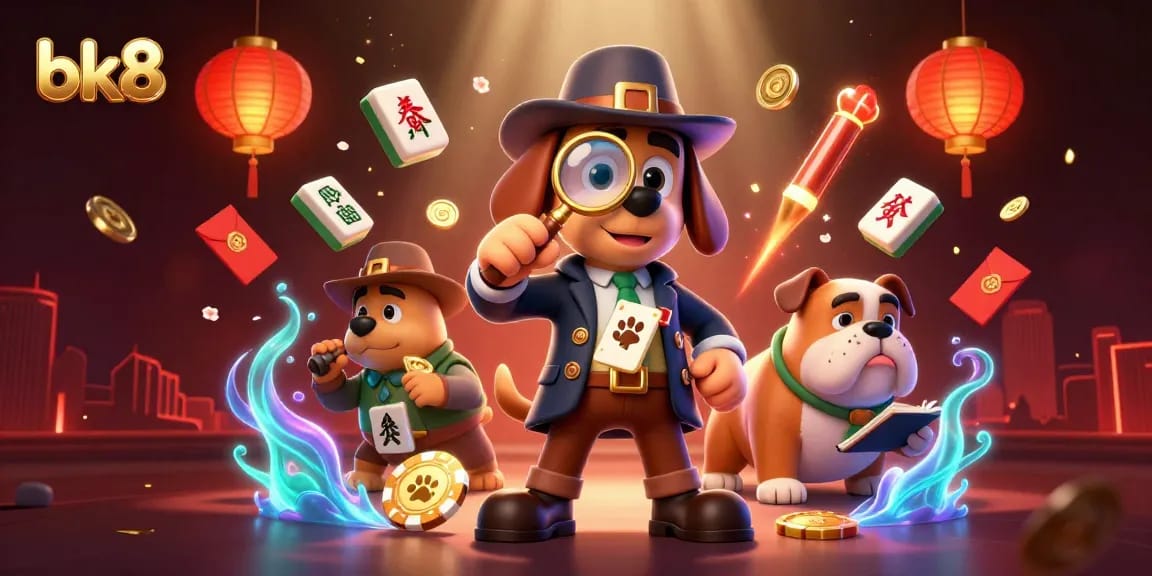 Experience the excitement of bk8 with a detective solving casino mysteries amidst vibrant gambling symbols.