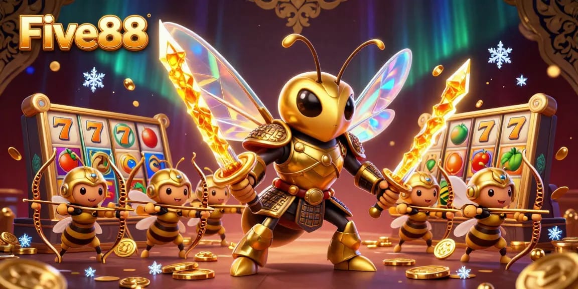 Experience excitement with Five88's vibrant slot game scene featuring a golden hornet and playful slot elements.