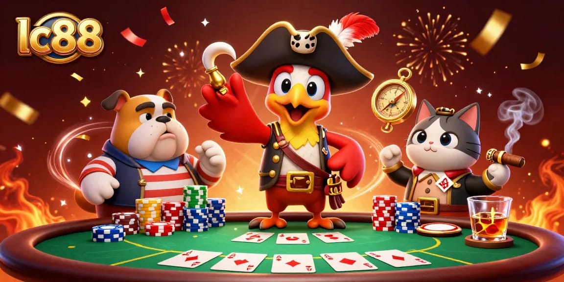 Engage in thrilling gameplay at lc88 with vibrant casino characters, poker elements, and festive atmosphere.