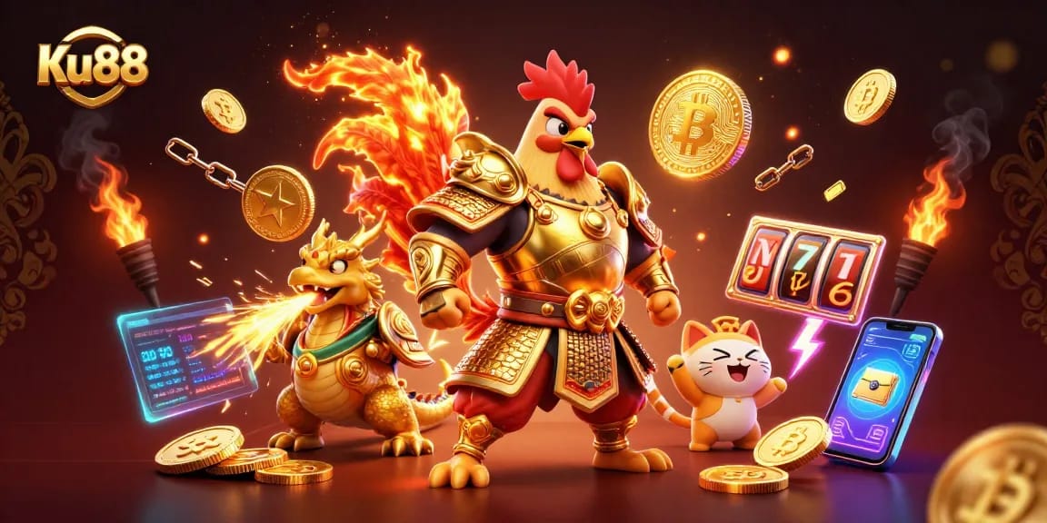 Experience excitement at Ku88 with a dynamic scene of a rooster warrior, dragon hatchling, and lucky cat in a vibrant casino.