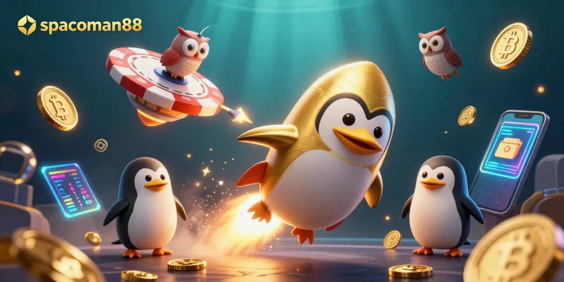 Engage with spaceman88 as a golden penguin blasts towards a casino space station amidst crypto elements.