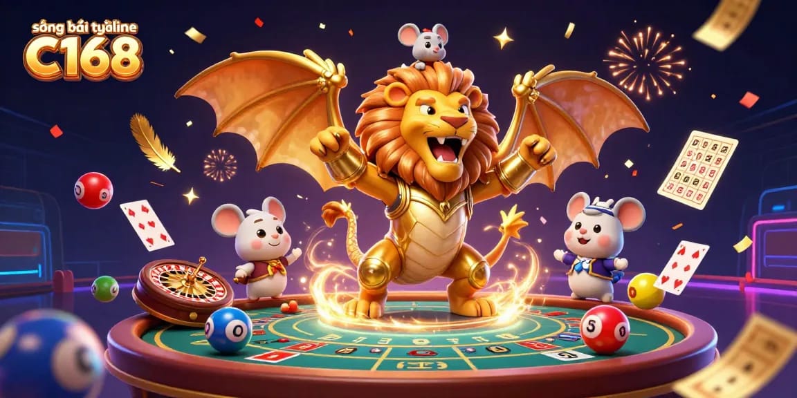Sòng bài trực tuyến C168 showcases an exciting scene with a chimera creature and vibrant game elements creating dynamic action in a casino.