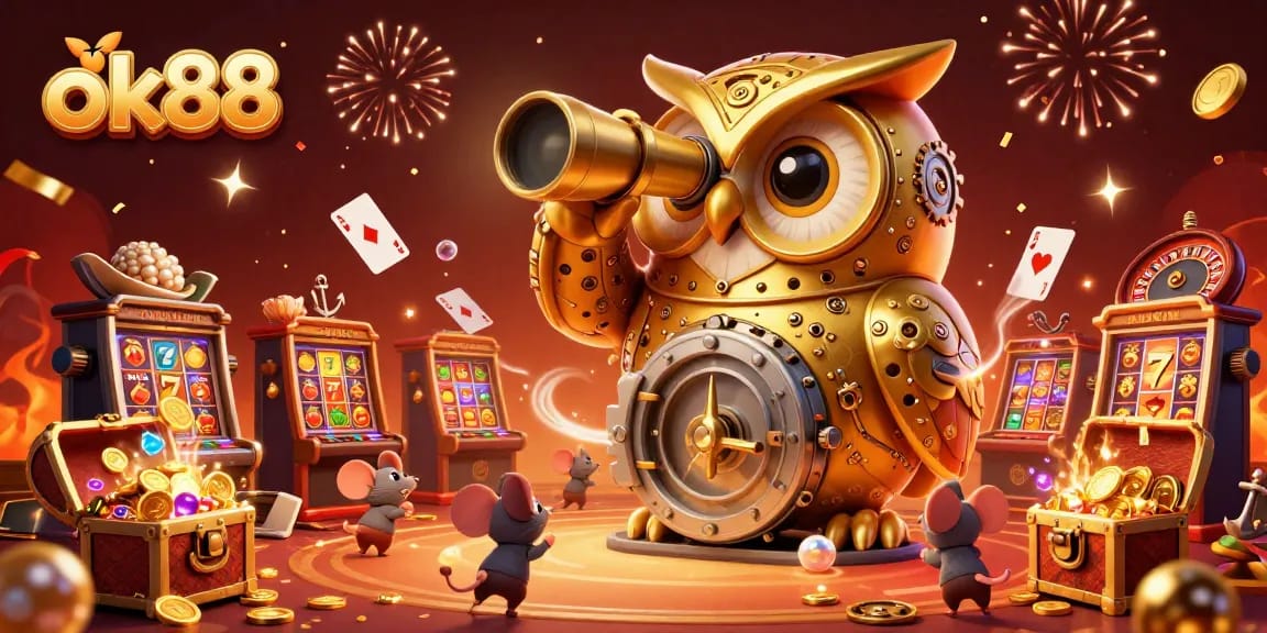 Experience the thrills of ok88 with a vibrant 3D casino scene featuring engaging slot machines and whimsical characters.