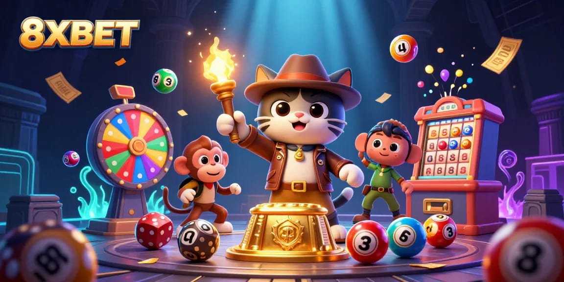 Experience the excitement of 8XBET with an adventurous cat archeologist discovering casino treasures