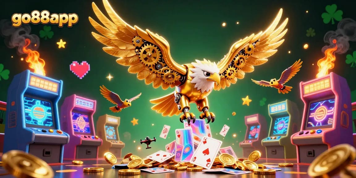 Experience thrilling gameplay with the dynamic go88app, featuring a cybernetic golden eagle and arcade games.
