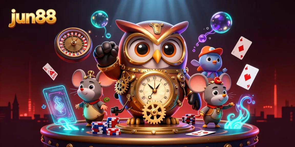Experience the thrill of jun88 casino with a time-traveler owl and sparkling game elements.